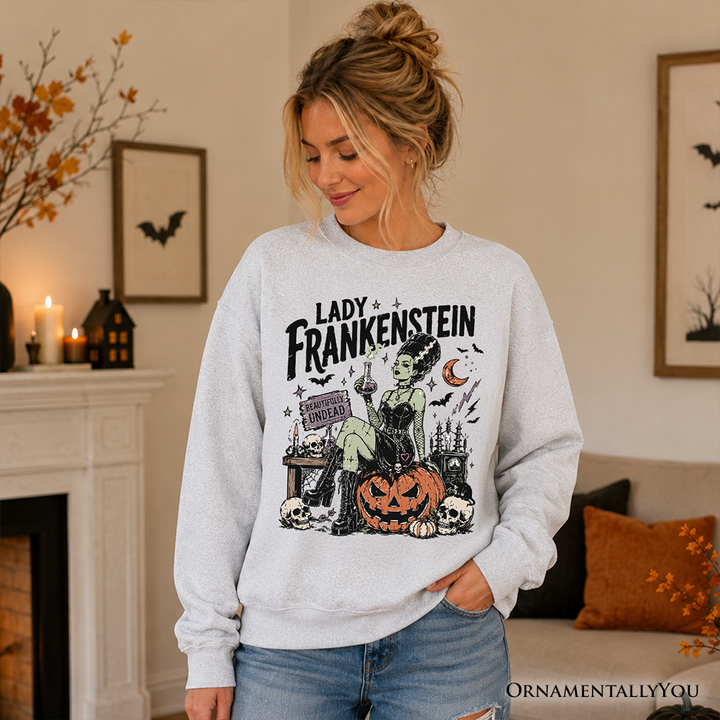 Sea Dragon Dreams Lady Frankenstein vintage gothic sweatshirt with retro undead horror graphic on light grey fleece