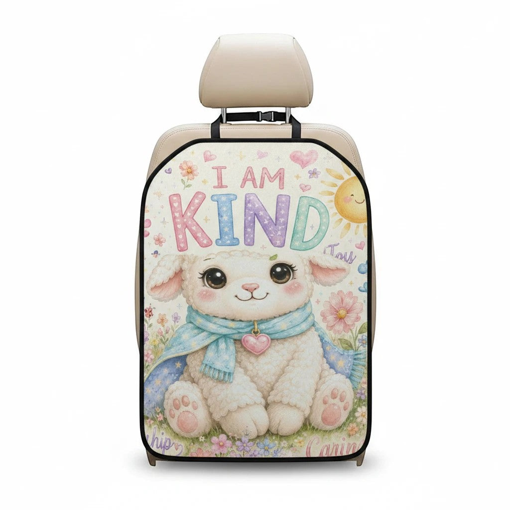 Sea Dragon Dreams car seat back organizer featuring a cute lamb illustration with pastel flowers and I AM KIND text.