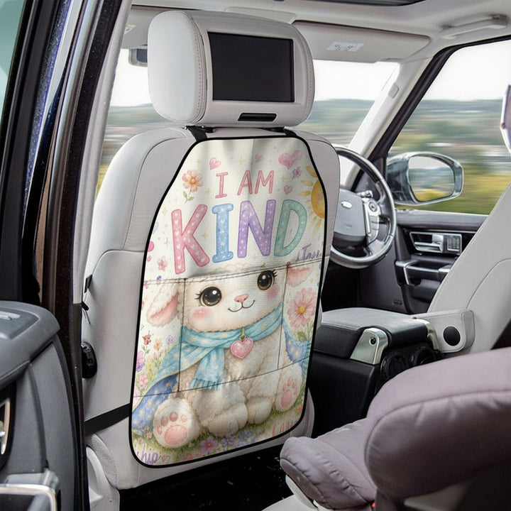 Sea Dragon Dreams car seat back storage bag featuring a cute lamb illustration with the text I AM KIND