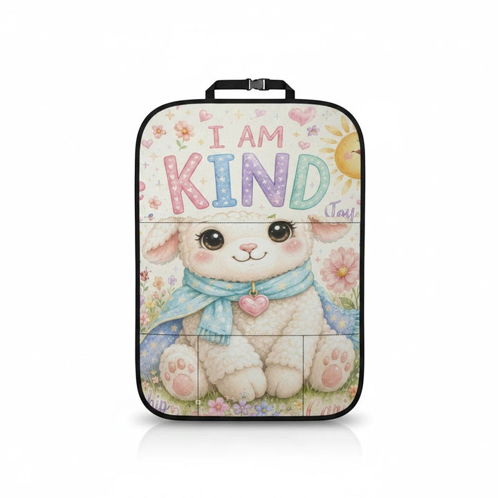 Sea Dragon Dreams car seat back organizer featuring a cute lamb illustration with the text I AM KIND in pastel colors