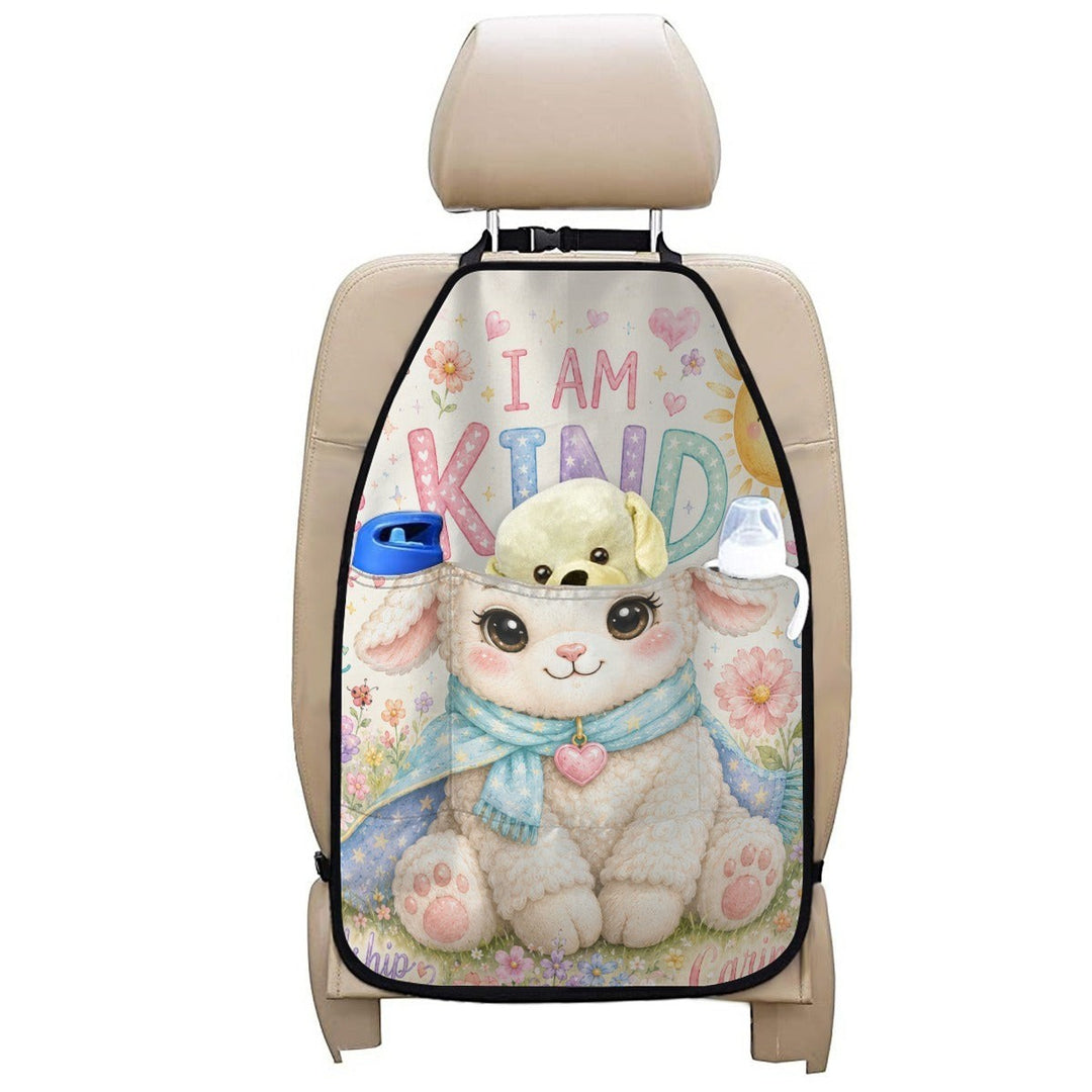 Sea Dragon Dreams car seat back storage bag with a cute lamb illustration and I AM KIND text in pastel colors