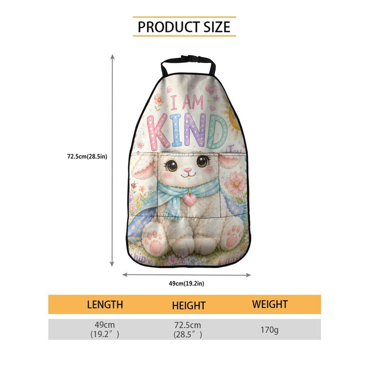 Sea Dragon Dreams car seat back storage bag with cute lamb illustration and I AM KIND text, polyester material