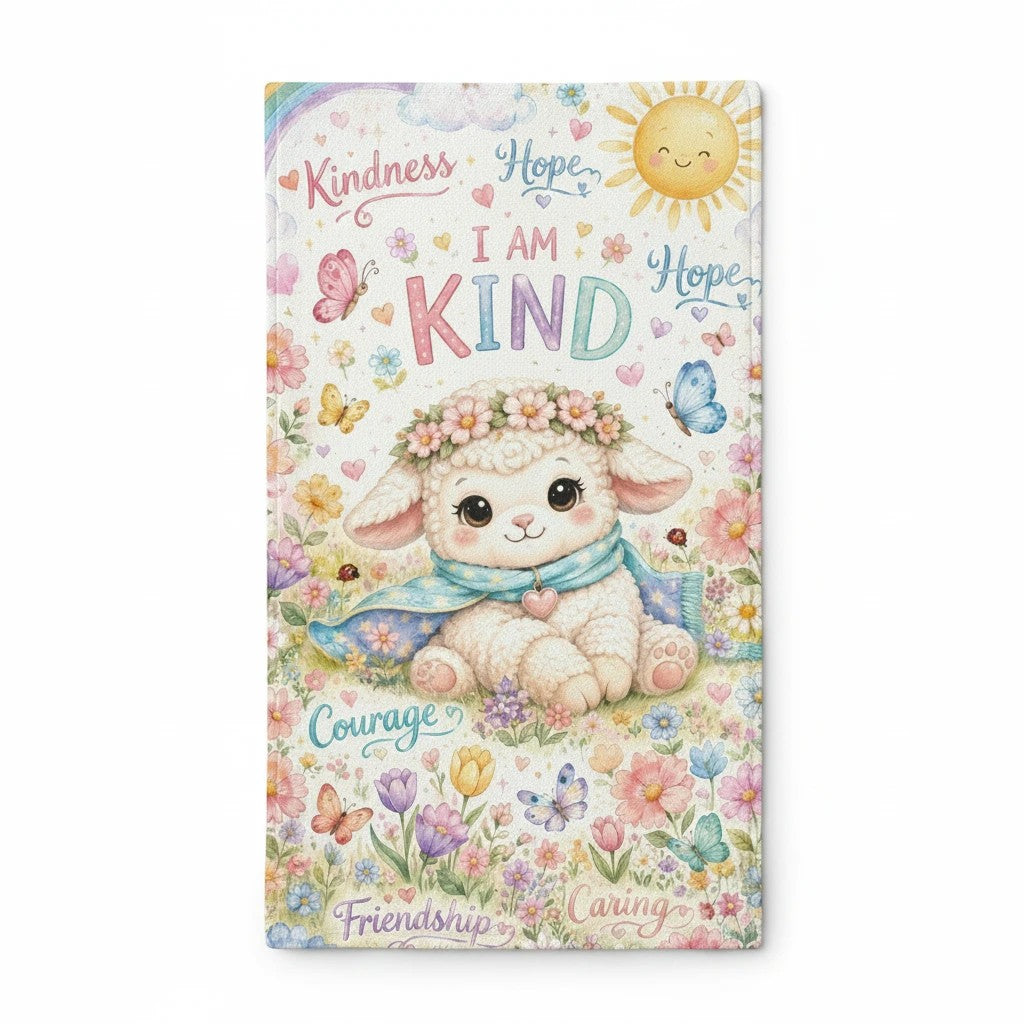 Sea Dragon Dreams I Am Kind lamb minky sleeping bag with floral rainbow design and soft polyester fabric for kids