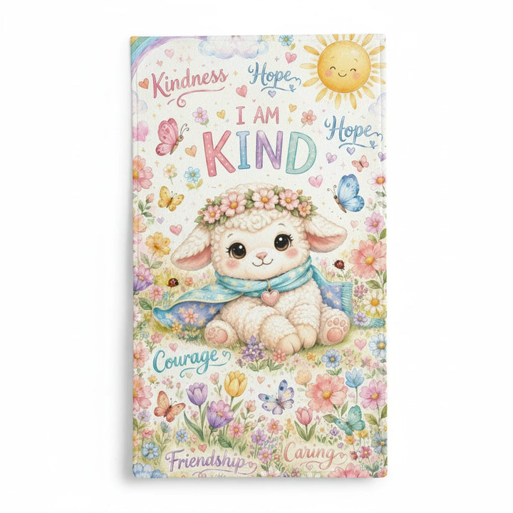 Sea Dragon Dreams I Am Kind minky sleeping bag for kids featuring a cute lamb, flowers, and rainbows.