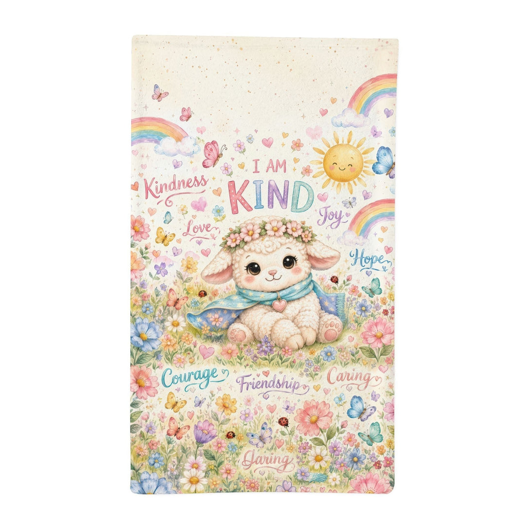 Sea Dragon Dreams I Am Kind minky sleeping bag for kids featuring a cute lamb, flowers, rainbows, and butterflies.