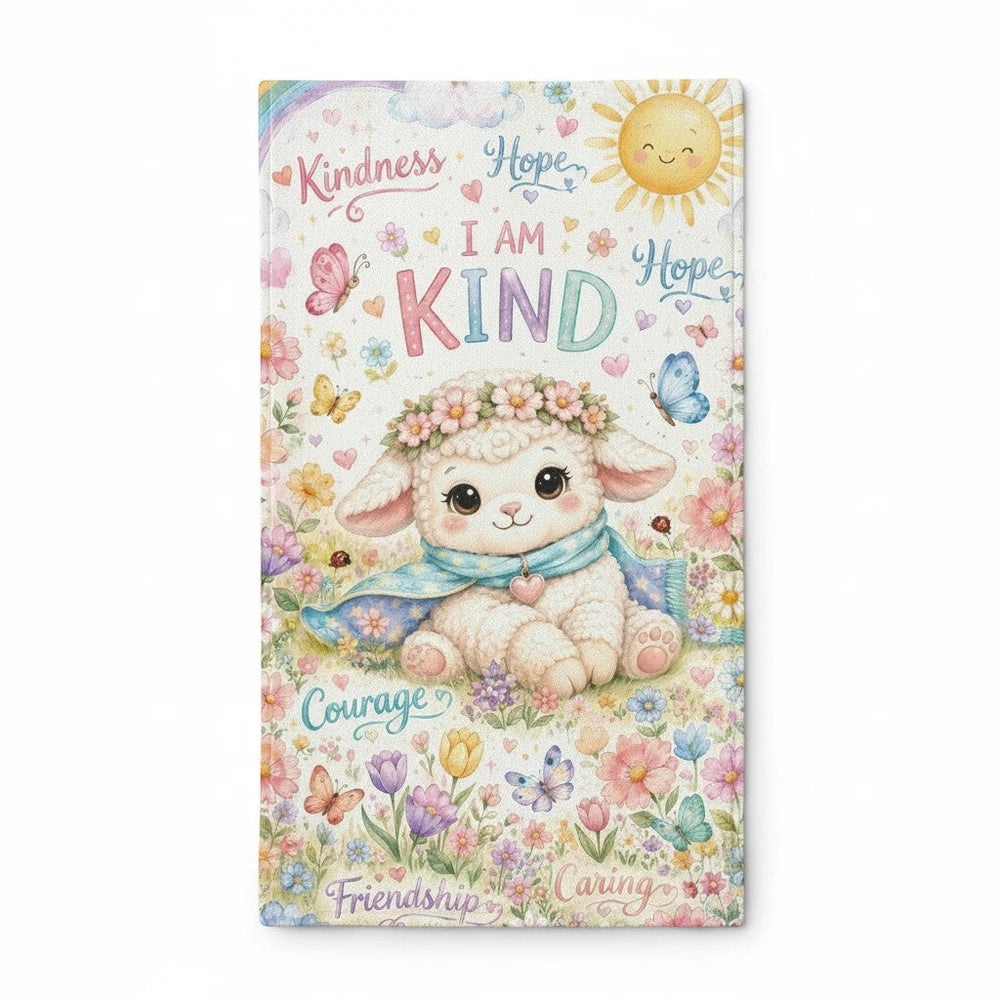 Sea Dragon Dreams I Am Kind lamb minky sleeping bag with floral rainbow design and soft polyester fabric for kids