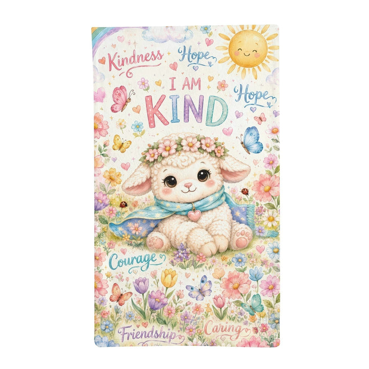 Sea Dragon Dreams I Am Kind minky sleeping bag featuring a cute lamb, flowers, rainbows, and positive affirmations.