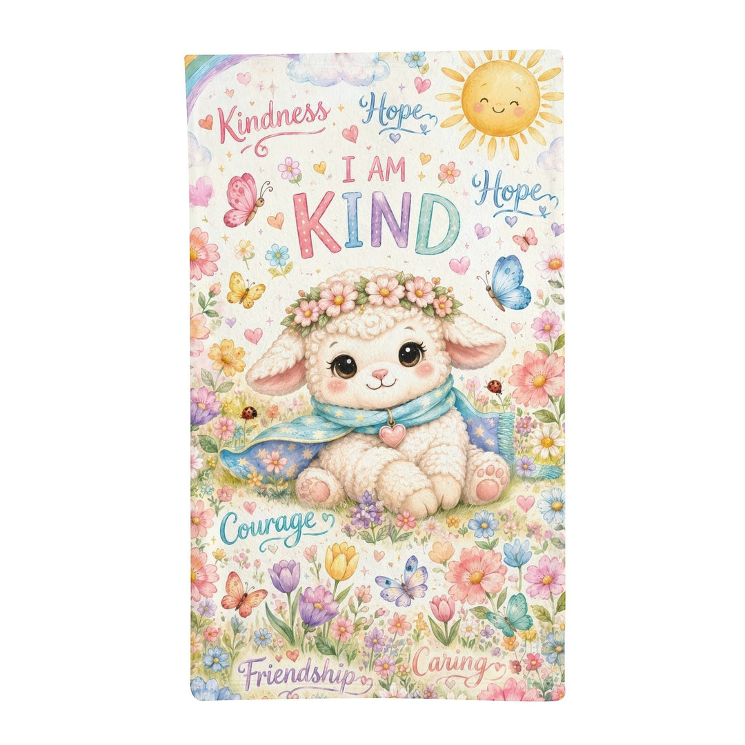 Sea Dragon Dreams I Am Kind minky sleeping bag featuring a cute lamb, flowers, rainbows, and positive affirmations.