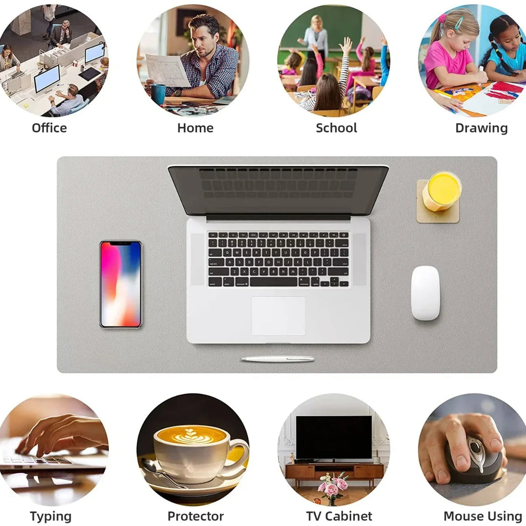 Sea Dragon Dreams large waterproof grey PU leather desk mat with laptop, smartphone, and mouse on a workspace surface