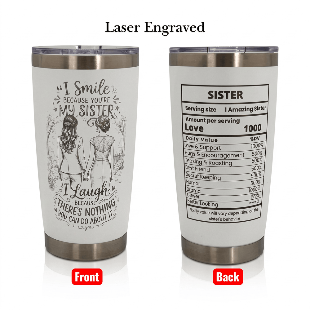 Sea Dragon Dreams 20oz stainless steel travel tumbler with laser-engraved sister nutrition facts and illustration