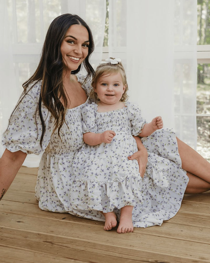Sea Dragon Dreams lavender floral mommy and me matching dresses with puff sleeves and smocked bodices on mother and child