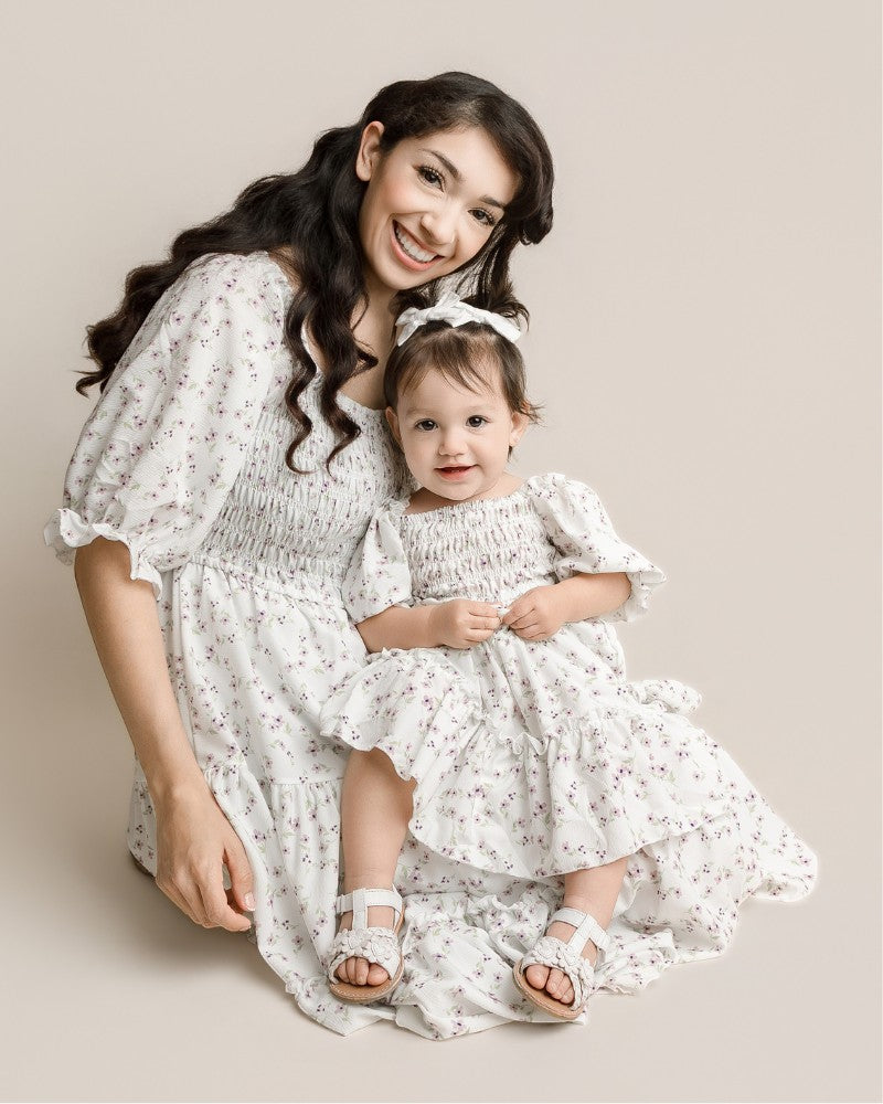 Sea Dragon Dreams mommy and me Katherine dresses in lavender floral print with smocked bodices and puff sleeves