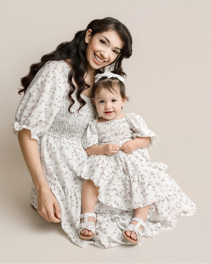 Sea Dragon Dreams mommy and me Katherine dresses in lavender floral print with smocked bodices and puff sleeves