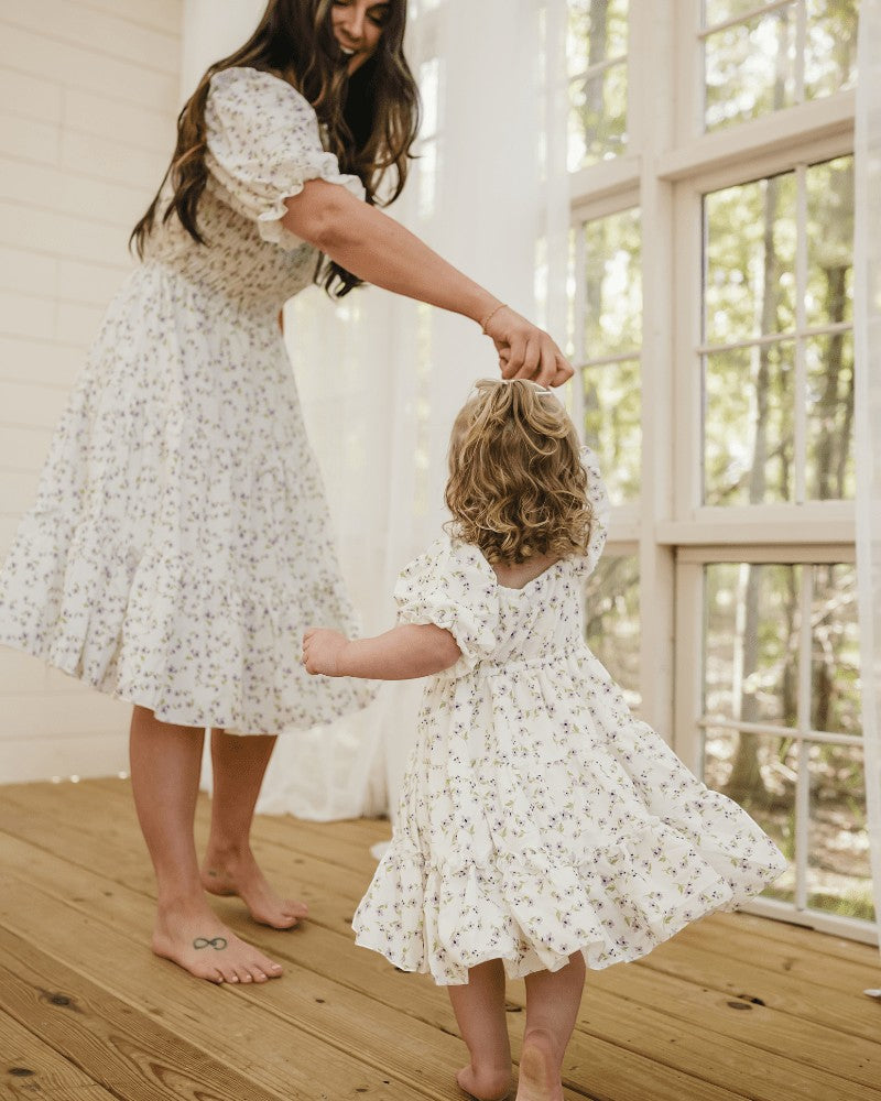 Sea Dragon Dreams mommy and me Katherine dresses in lavender floral print with flowy silhouettes for mother and child