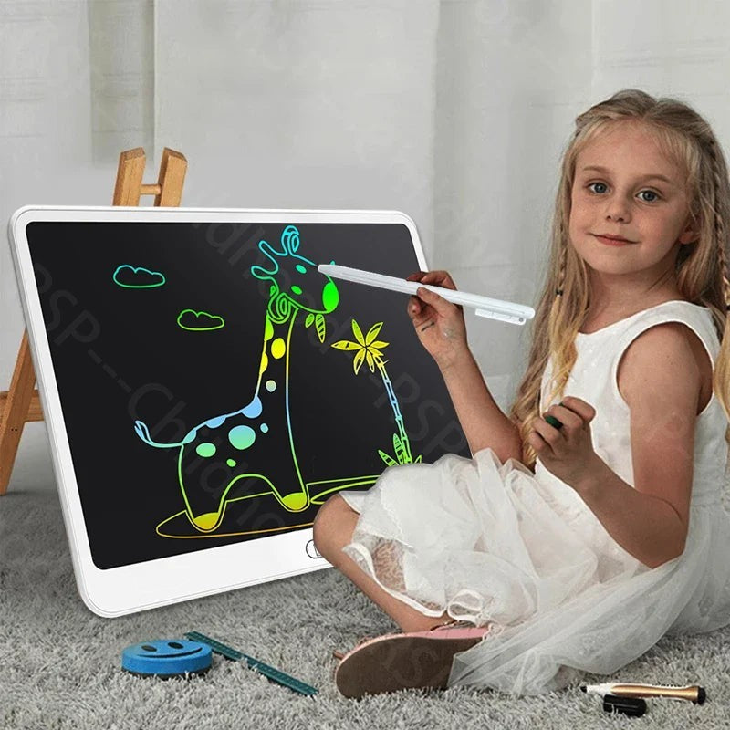 Sea Dragon Dreams LCD writing tablet with a colorful giraffe drawing, used by a young girl sitting on a carpet.