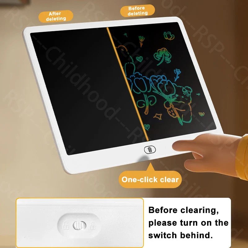Sea Dragon Dreams LCD writing tablet showing a drawing before and after using the one-click clear button