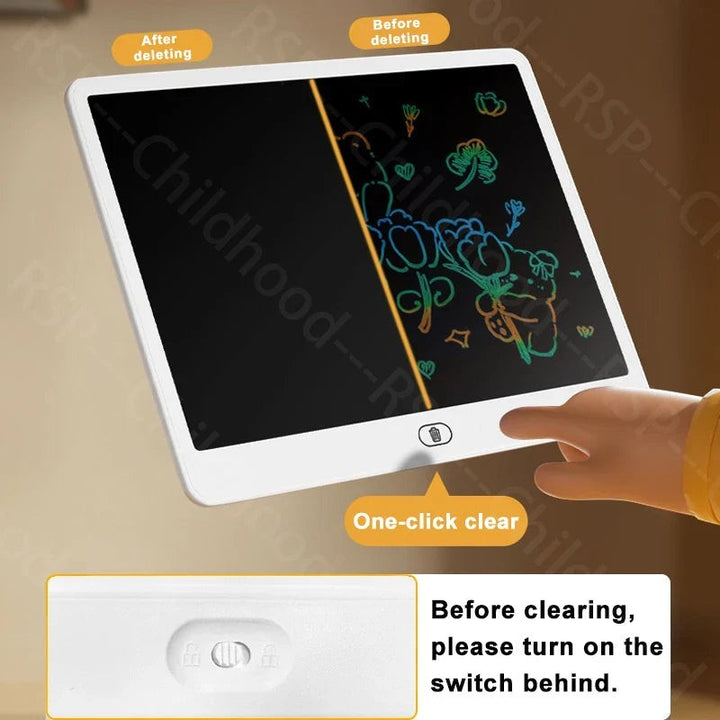Sea Dragon Dreams LCD writing tablet showing a drawing before and after using the one-click clear button