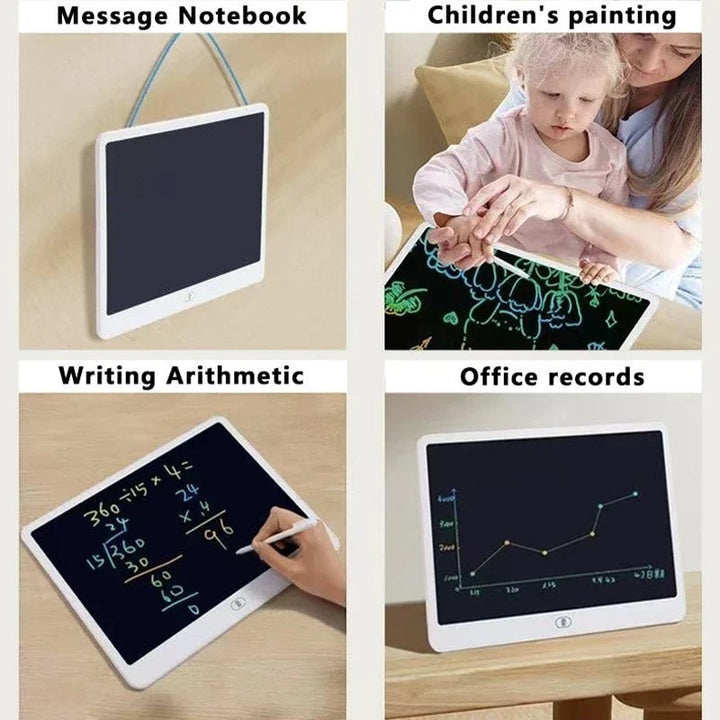 Sea Dragon Dreams LCD writing tablet for kids showing drawing, math, and note-taking uses with a stylus.