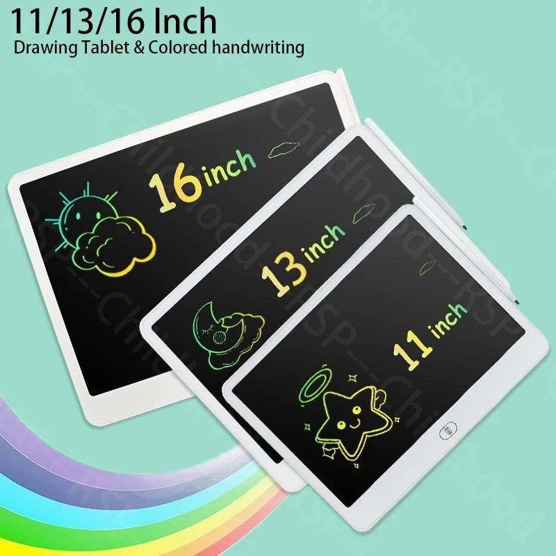 Sea Dragon Dreams LCD writing tablets in 11, 13, and 16-inch sizes with colorful drawings on black screens