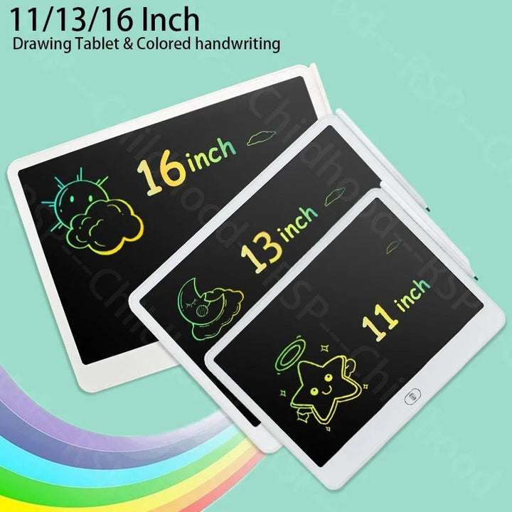 Sea Dragon Dreams LCD writing tablets in 11, 13, and 16-inch sizes with colorful drawings on black screens