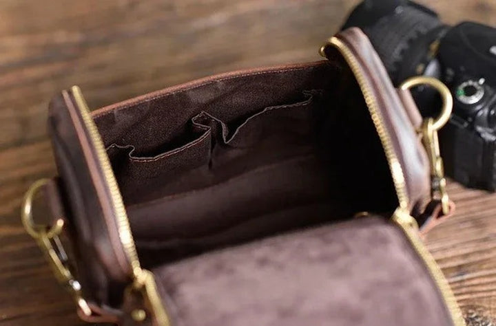 Sea Dragon Dreams Calista handcrafted brown full-grain leather camera bag interior with pockets and gold hardware