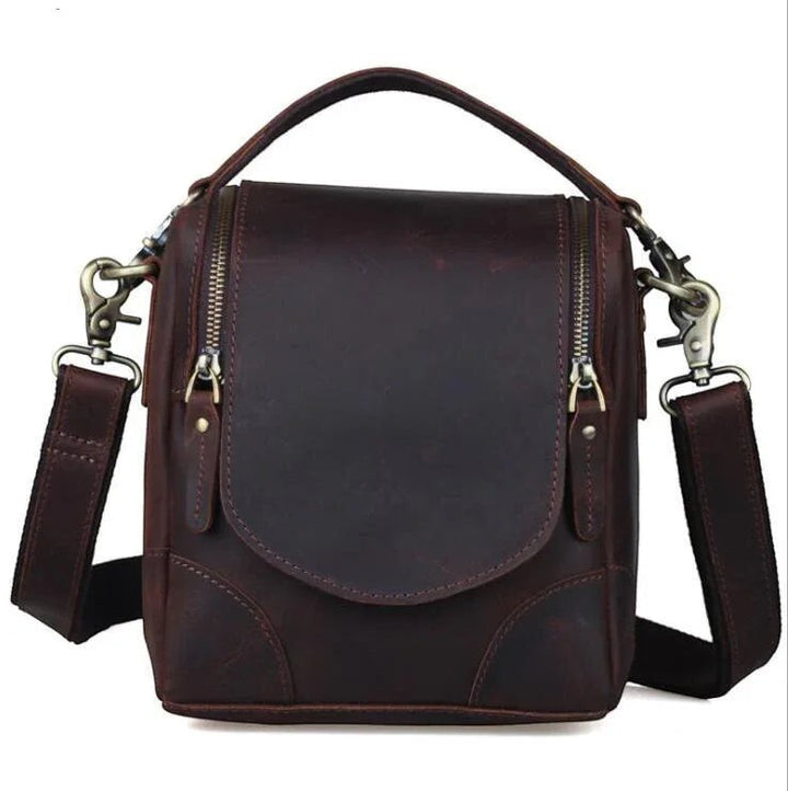 Sea Dragon Dreams Calista handcrafted dark brown full-grain leather camera bag with vintage brass hardware.