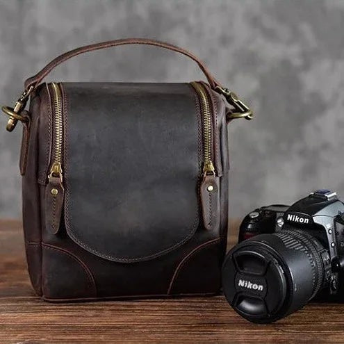 Sea Dragon Dreams The Calista handcrafted dark brown full-grain leather camera bag with dual brass zippers.