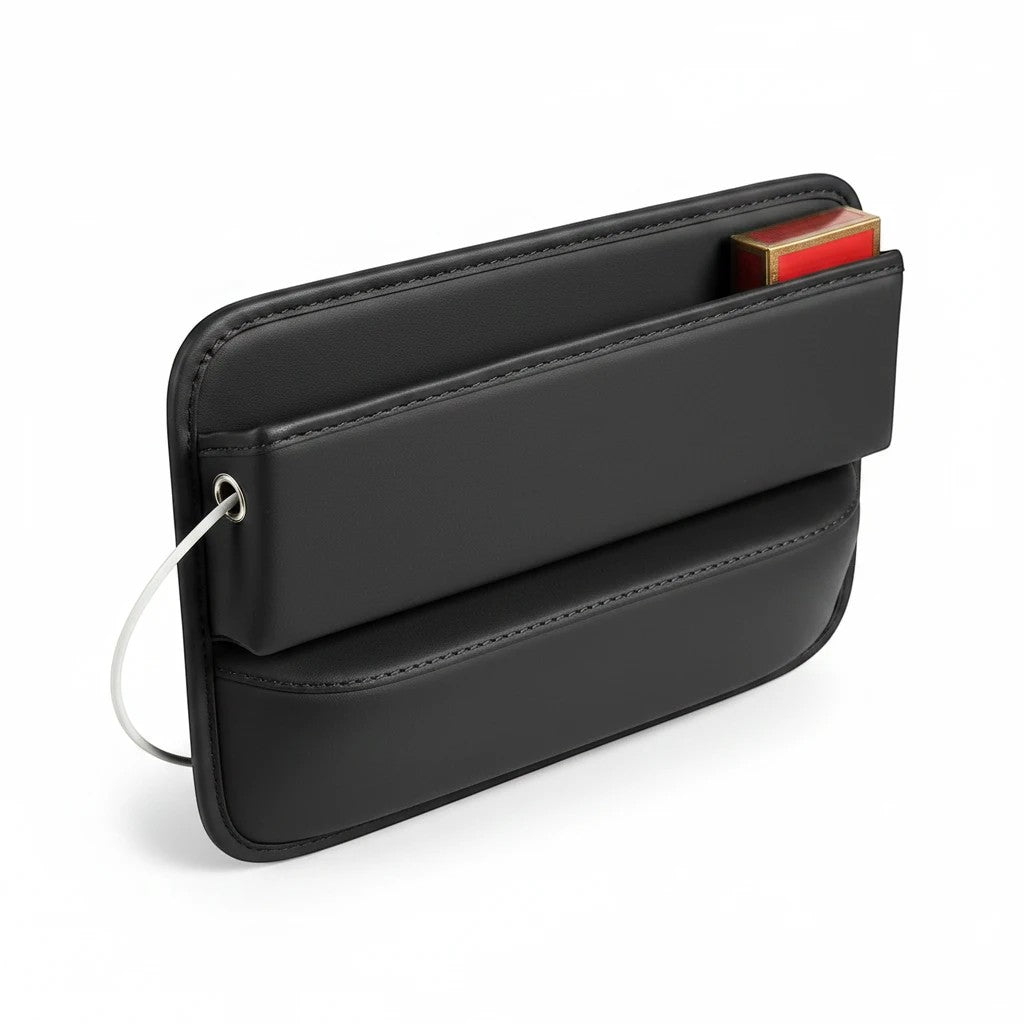 Sea Dragon Dreams black PU leather car seat gap organizer with a slim storage pocket on a clean white background
