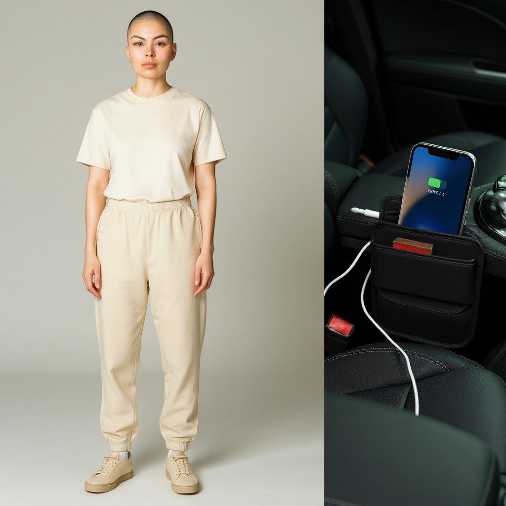 Sea Dragon Dreams leather car seat gap organizer holding a smartphone and charging cable in a vehicle console.