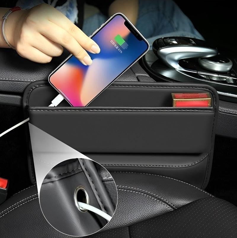 Sea Dragon Dreams black PU leather car seat gap organizer holding a smartphone and small items in a vehicle console