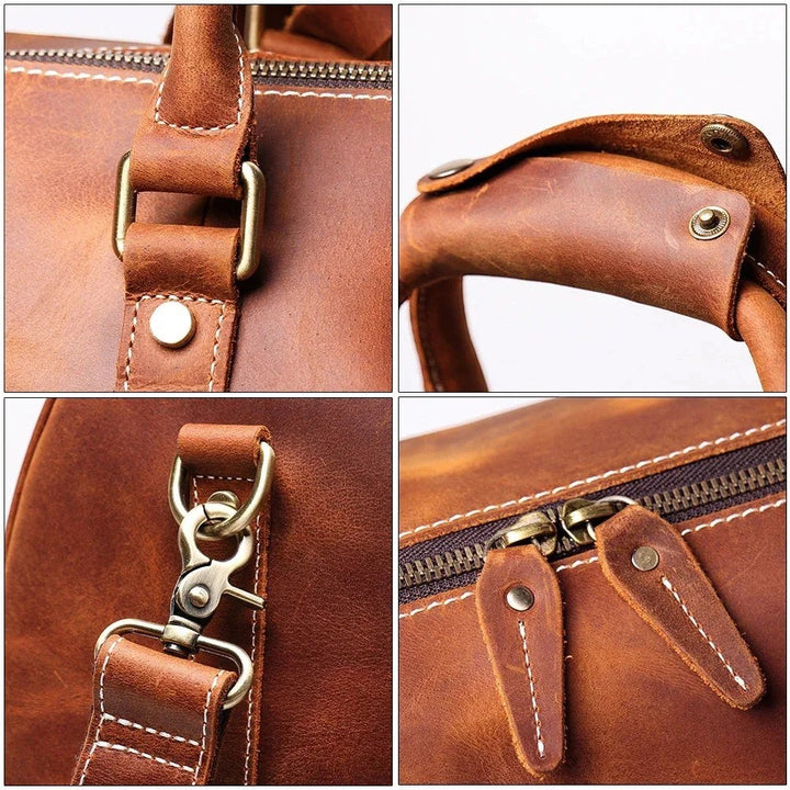 Sea Dragon Dreams Brandt Weekender small leather duffle bag showing close-up details of brass hardware and stitching.
