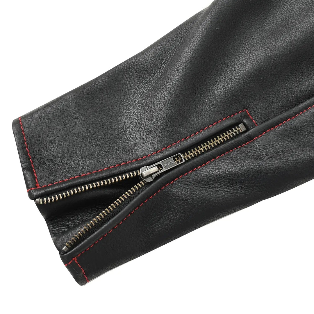 Sea Dragon Dreams Redstrike motorcycle jacket sleeve detail featuring black cowhide leather and red contrast stitching