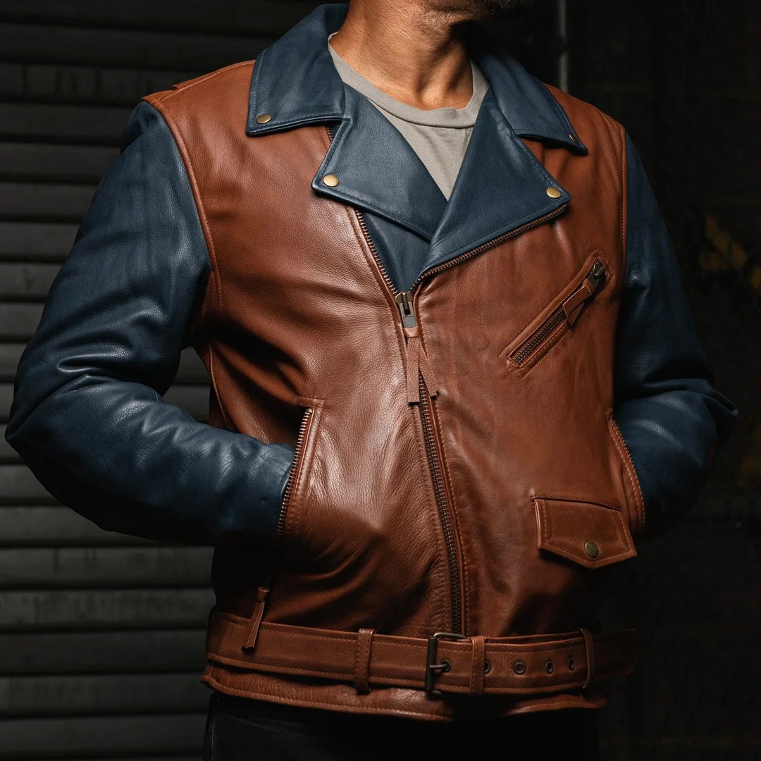 Sea Dragon Dreams custom men's motorcycle jacket in two-tone brown and navy blue leather with a belted waist