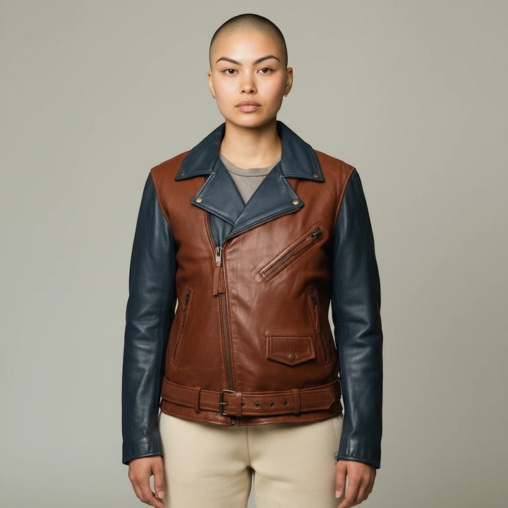 Sea Dragon Dreams custom motorcycle jacket featuring brown and navy blue leather panels with a belted waist design.