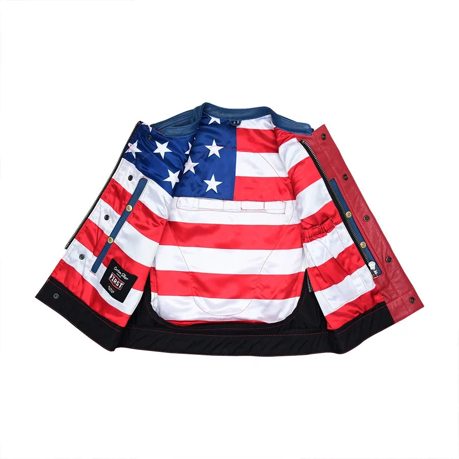 Sea Dragon Dreams Freedom Belle leather motorcycle vest interior showing the USA flag satin lining and armor pockets