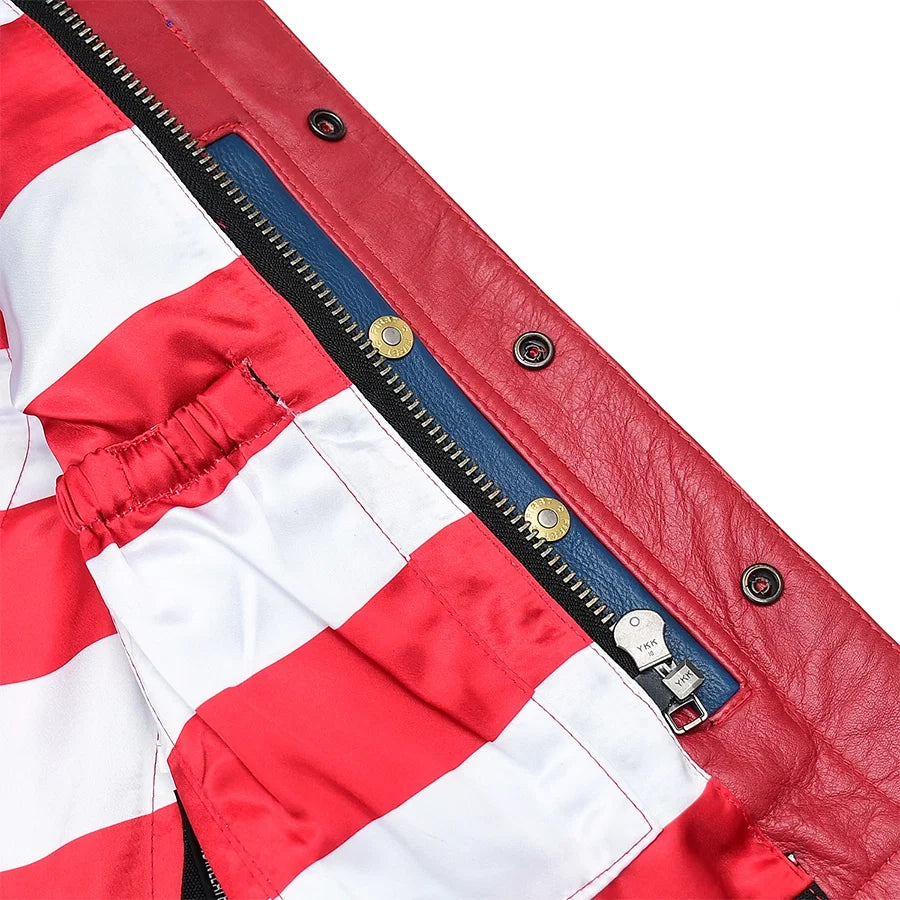 Sea Dragon Dreams Freedom Belle leather motorcycle vest interior with red leather trim and USA flag satin lining