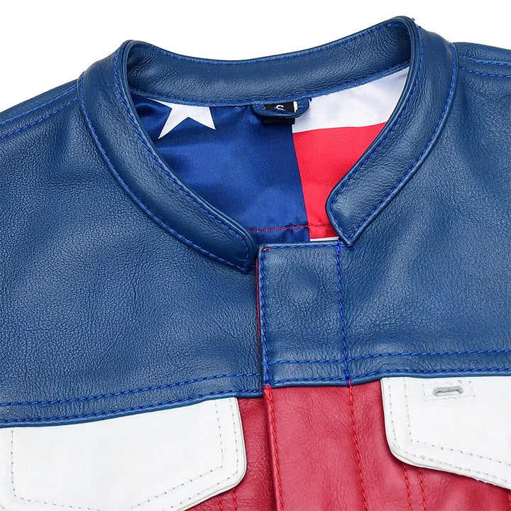 Sea Dragon Dreams Freedom Belle women's motorcycle leather vest with navy blue, red, and white cowhide panels