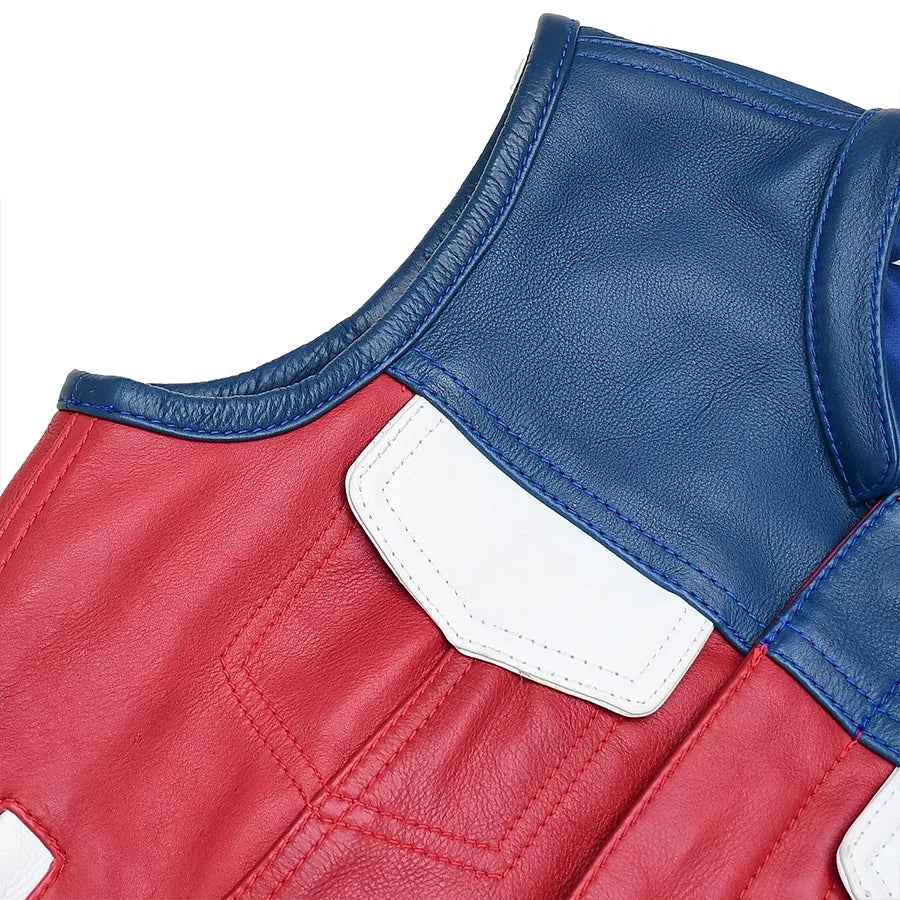 Sea Dragon Dreams Freedom Belle motorcycle leather vest in red, white, and navy blue with snap-down chest pockets.