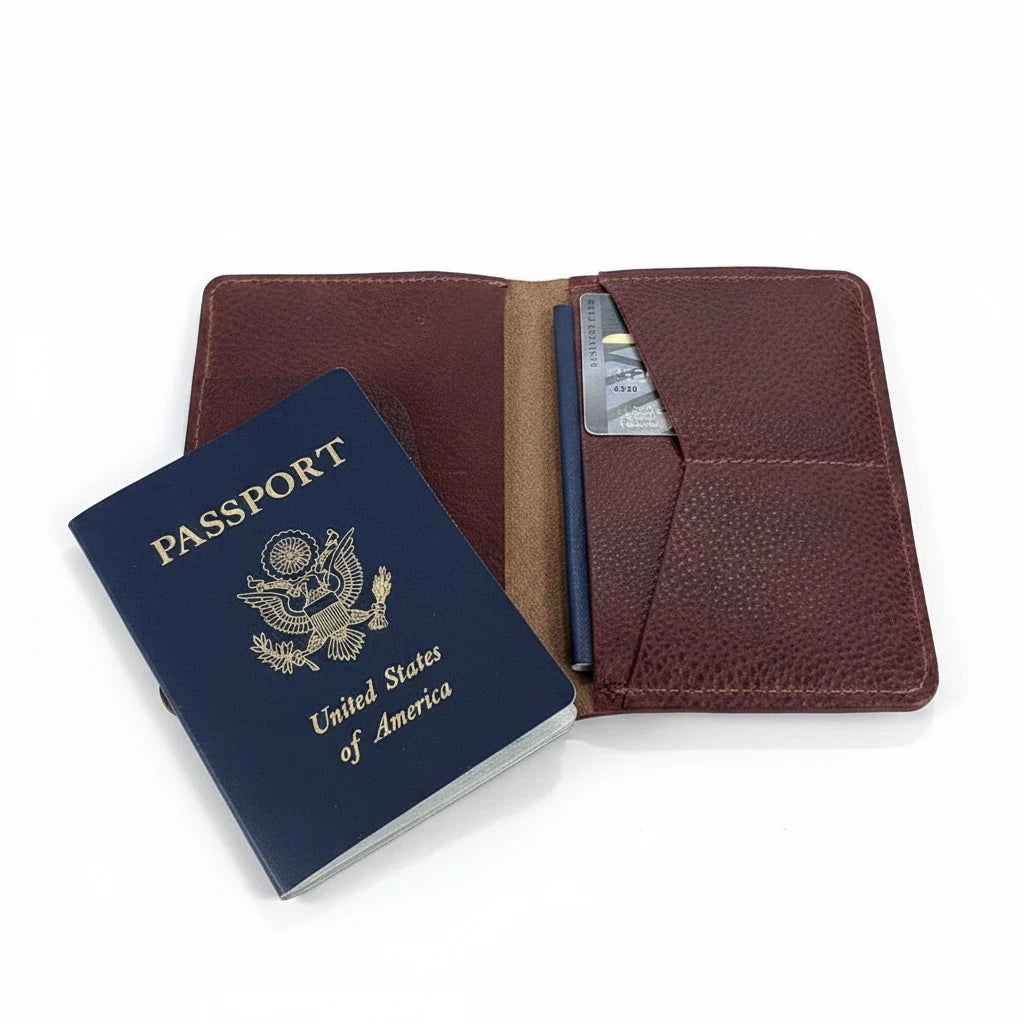 Sea Dragon Dreams handcrafted brown leather passport holder with internal card slots and a US passport