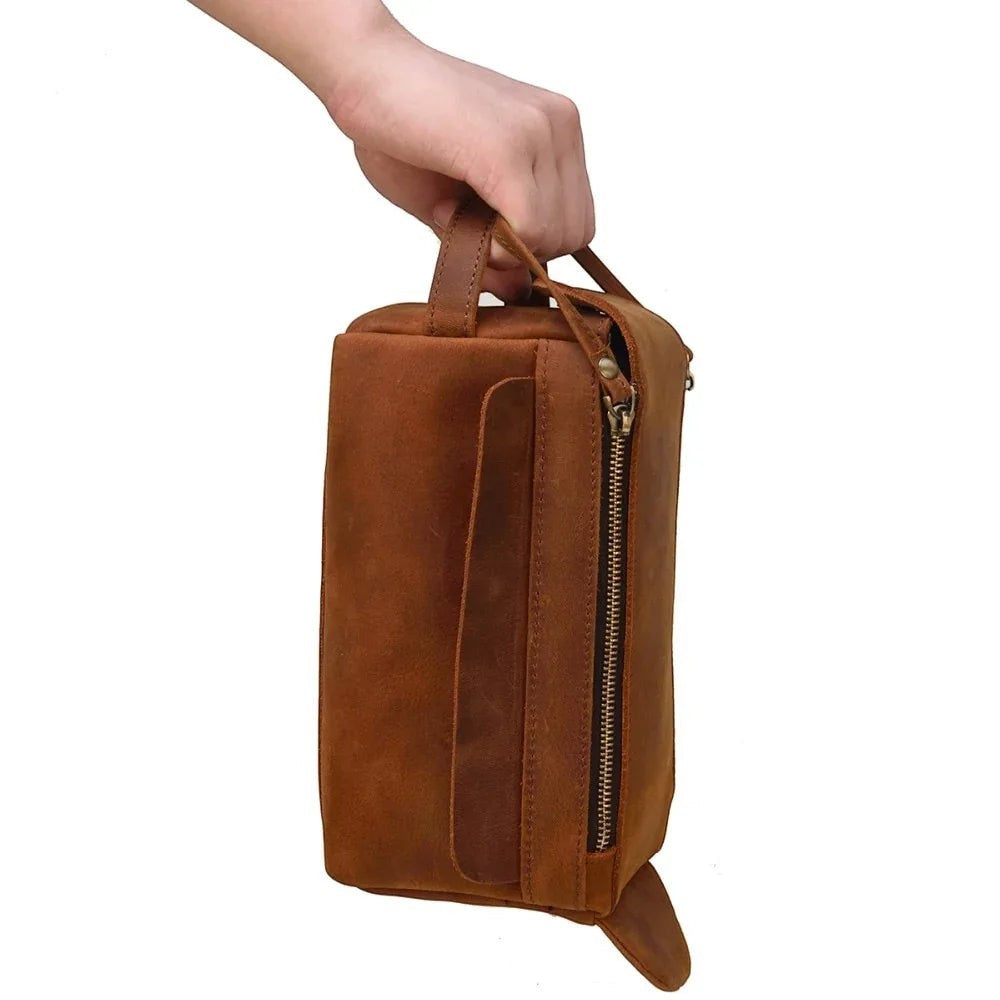 Sea Dragon Dreams handmade brown leather toiletry bag with side handle and zippered front pocket