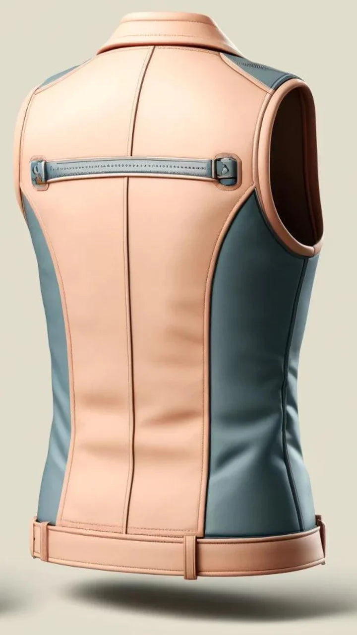 Sea Dragon Dreams women's sleeveless leather vest in peach and grey with a back strap detail and tailored fit.