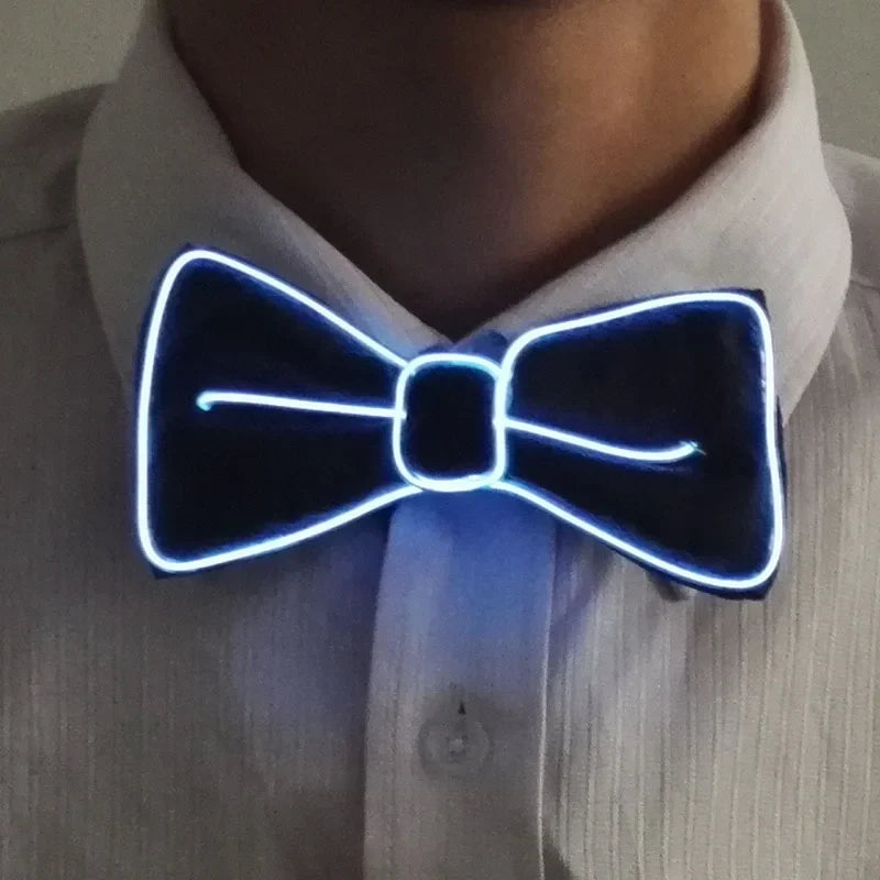 Sea Dragon Dreams light-up LED bow tie with glowing white neon trim worn on a white dress shirt for parties.