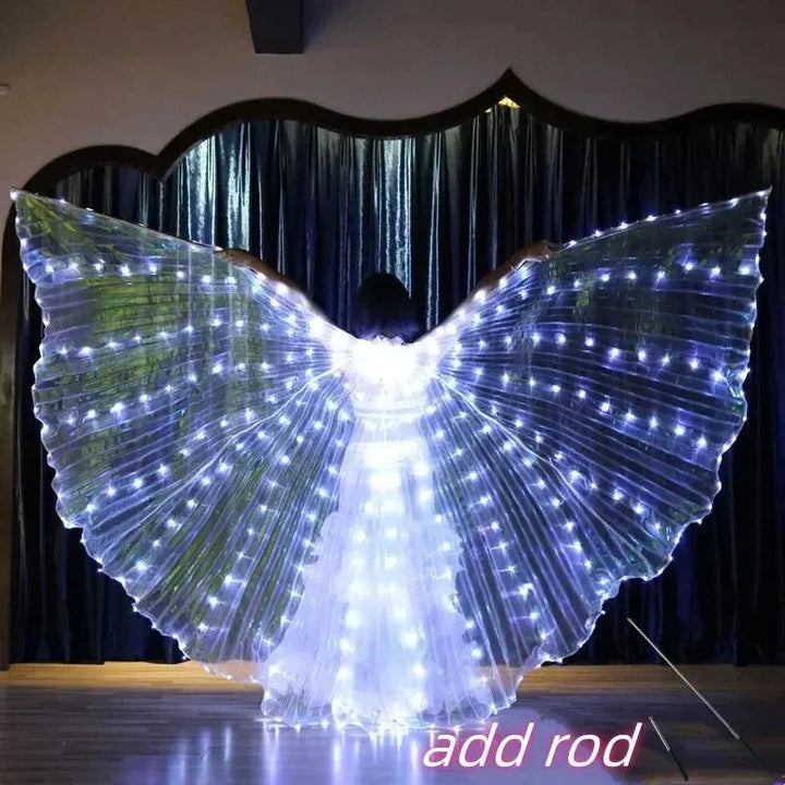 Sea Dragon Dreams LED butterfly wings dance cape with bright white lights, worn by a performer on stage.