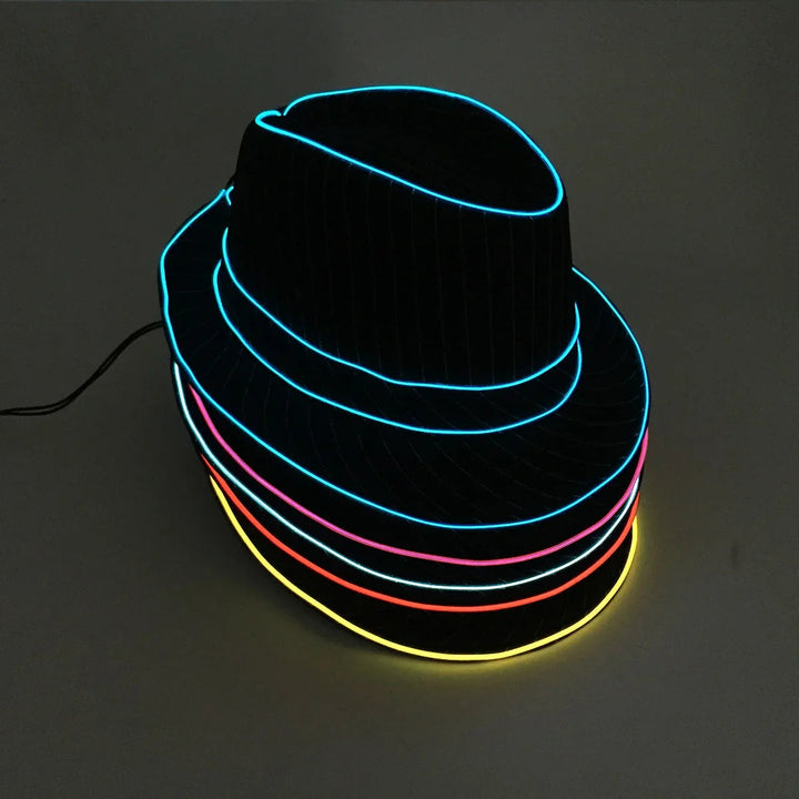 Sea Dragon Dreams black fedora hat with vibrant multicolor neon LED light trim for parties and festivals