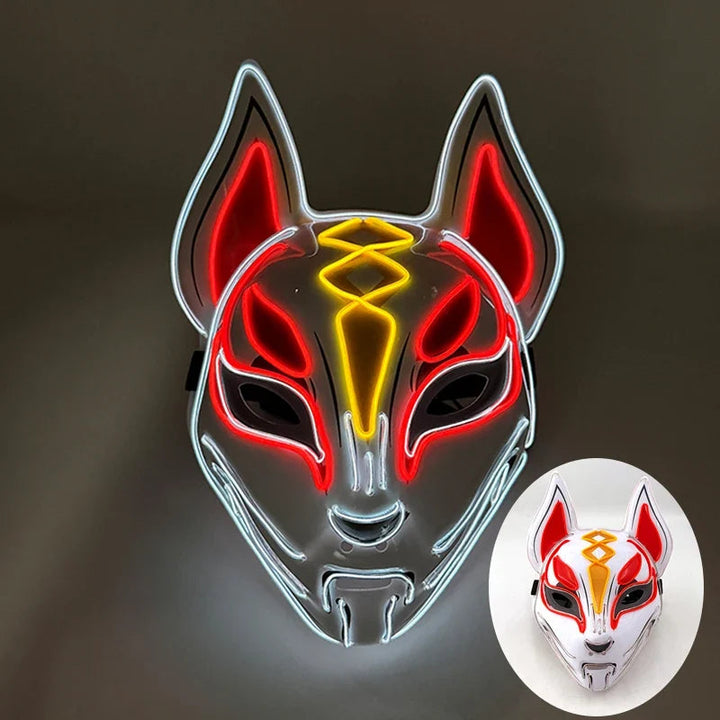 Sea Dragon Dreams neon LED Kitsune fox mask with glowing EL wire accents for cosplay and festivals