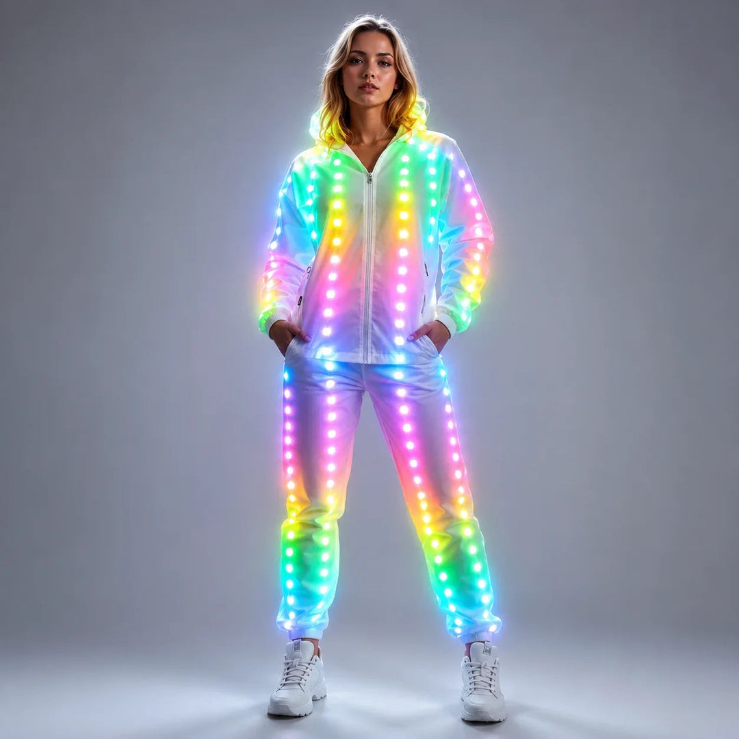 Sea Dragon Dreams model wearing a white full-color pixel LED light-up jacket and pants stage costume suit.