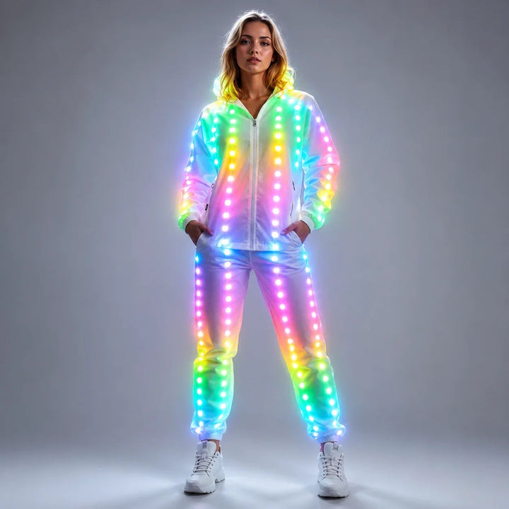 Sea Dragon Dreams model wearing a white full-color pixel LED light-up jacket and pants stage costume suit.