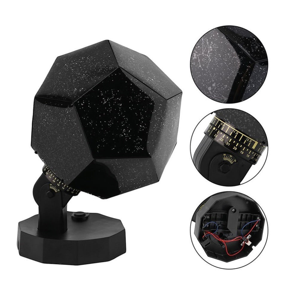 Sea Dragon Dreams LED star projector lamp with black dodecahedron shade for creating indoor starlight effects