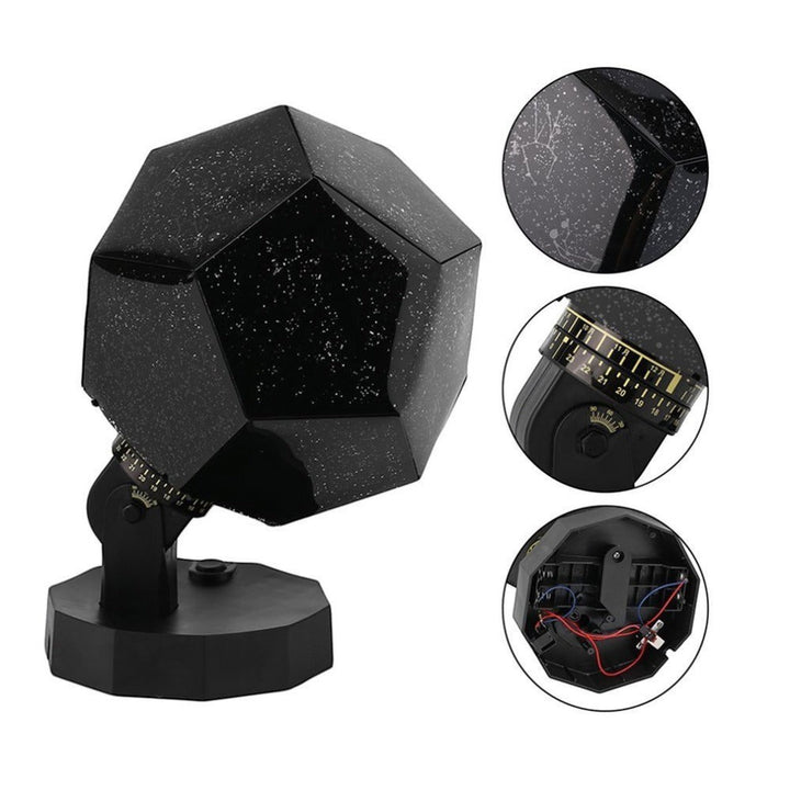 Sea Dragon Dreams LED star projector lamp with black dodecahedron shade for creating indoor starlight effects