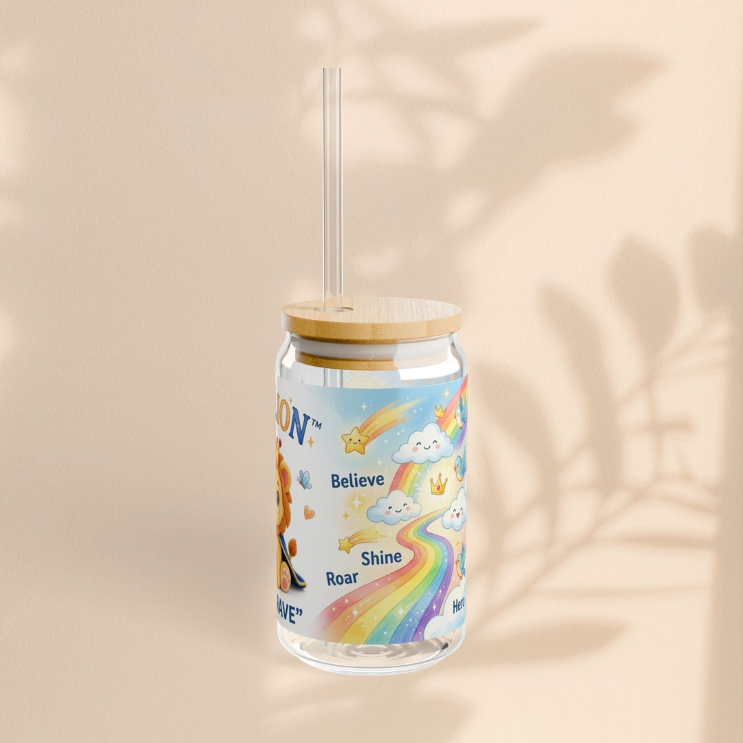 Sea Dragon Dreams 16 oz glass sipper with Leo Lion design, rainbow, clouds, and I Am Brave text, bamboo lid and straw.